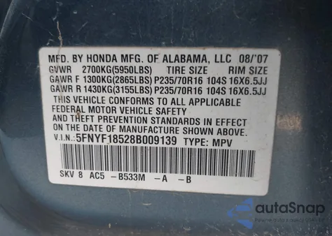 2008 Honda Pilot Ex-L из США, поврежденный, VIN 5FNYF18528B009139